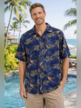 Calypso Joe Shirt Blue Floral Print Button Up Short Sleeve Island